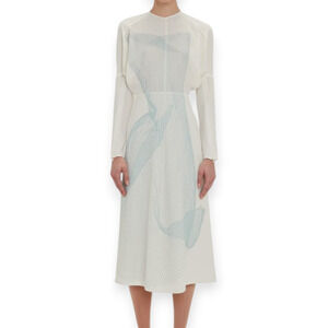 Victoria Beckham Long Sleeve Dolman Midi Dress White Blue Contorted Net Size 4
